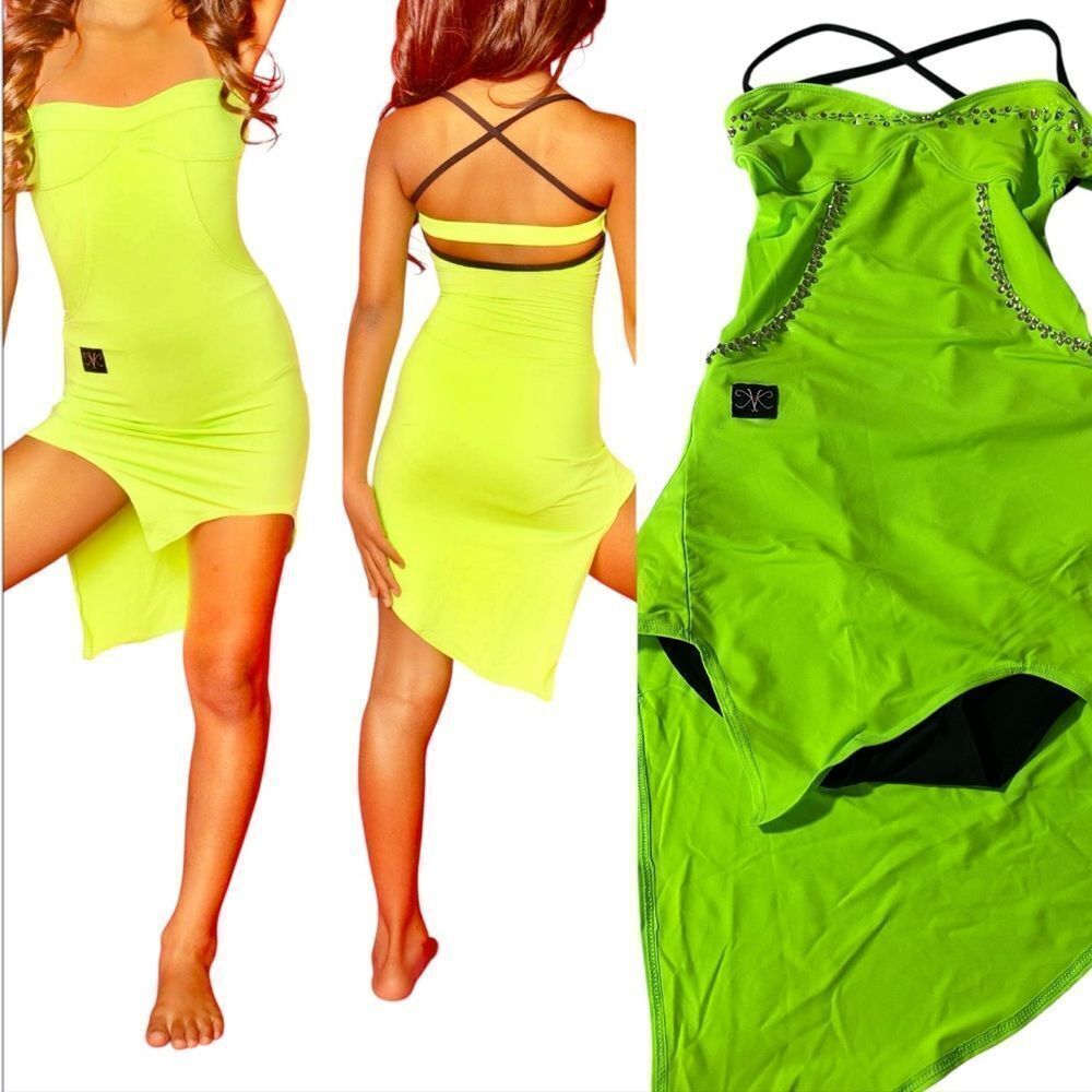 Kandi Kouture dance costume neon green SPOTLIGHT DRESS custom stoned XLC 10/12